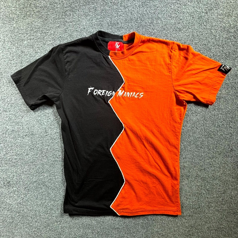 Foreign Maniacs T-Shirt Mens Large Black Orange Embroidered Logo Short Sleeve